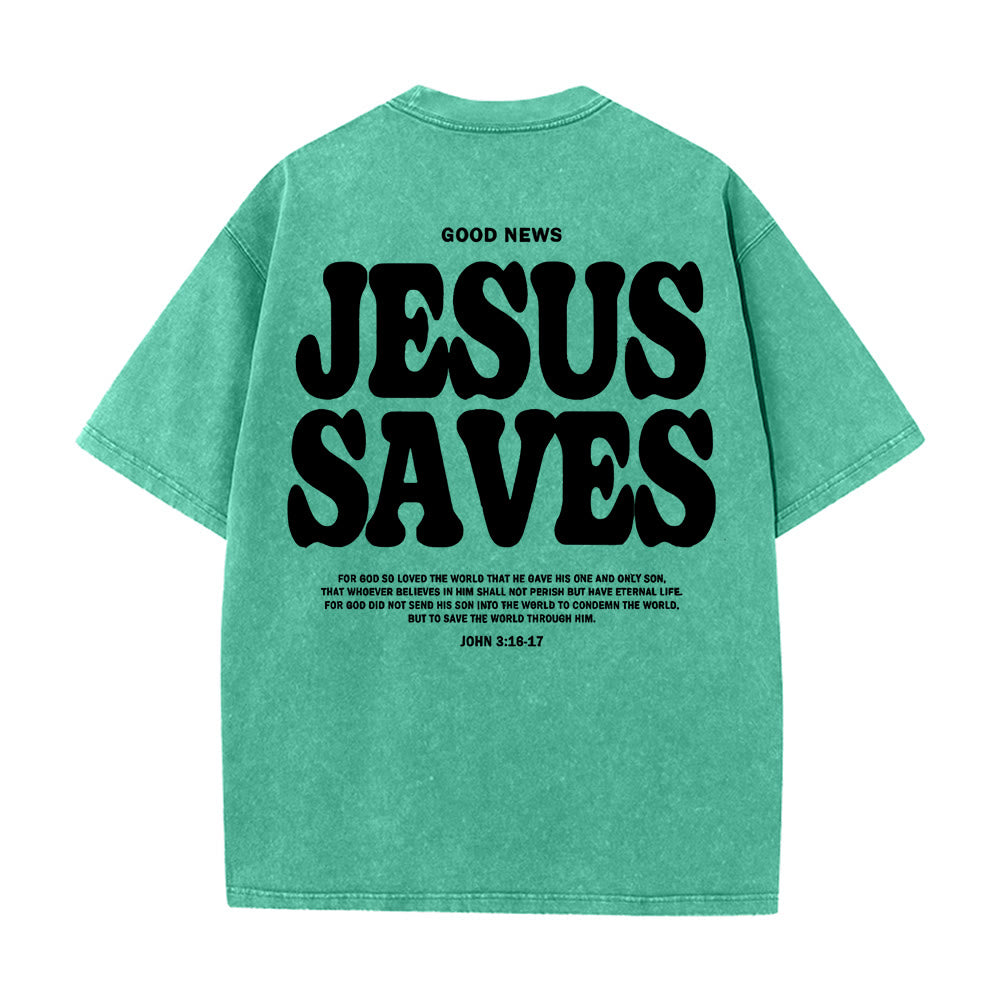 Christianartworkshop Jesus Saves Unisex Washed T-Shirt - Grün - 5XL - image 14
