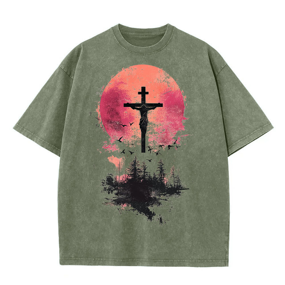 Christianartworkshop Göttliches Kreuz über Naturlandschaft Unisex-T-Shirt (vorgewaschen) - Armeegrün - 5XL - image 3