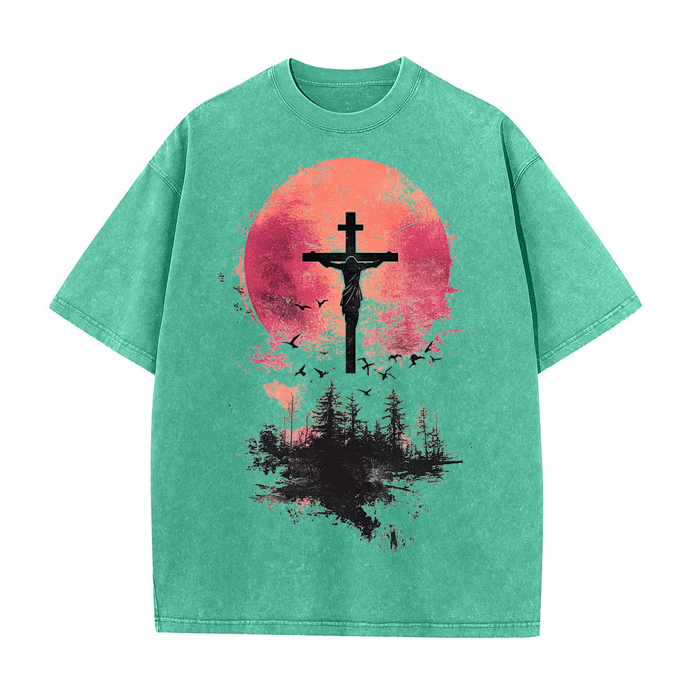 Christianartworkshop Göttliches Kreuz über Naturlandschaft Unisex-T-Shirt (vorgewaschen) - Grün - 5XL - image 1