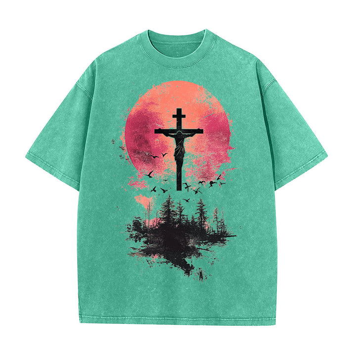 Christianartworkshop Göttliches Kreuz über Naturlandschaft Unisex-T-Shirt (vorgewaschen) - Grün - 5XL - image 1