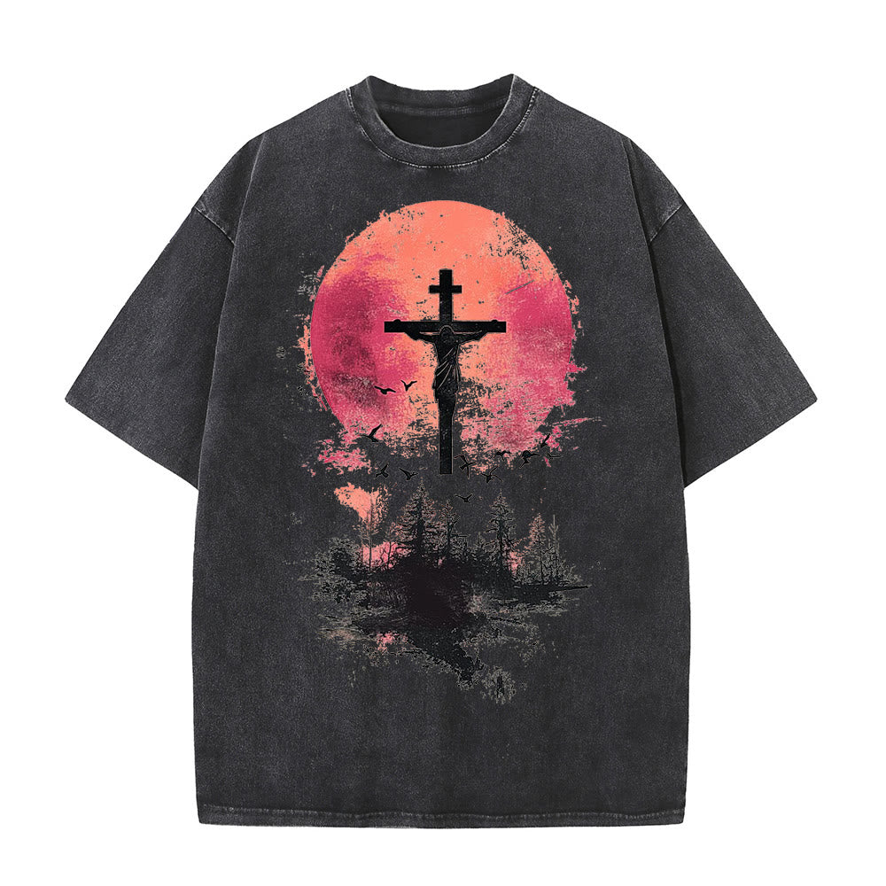 Christianartworkshop Göttliches Kreuz über Naturlandschaft Unisex-T-Shirt (vorgewaschen) - Schwarz - 5XL - image 2
