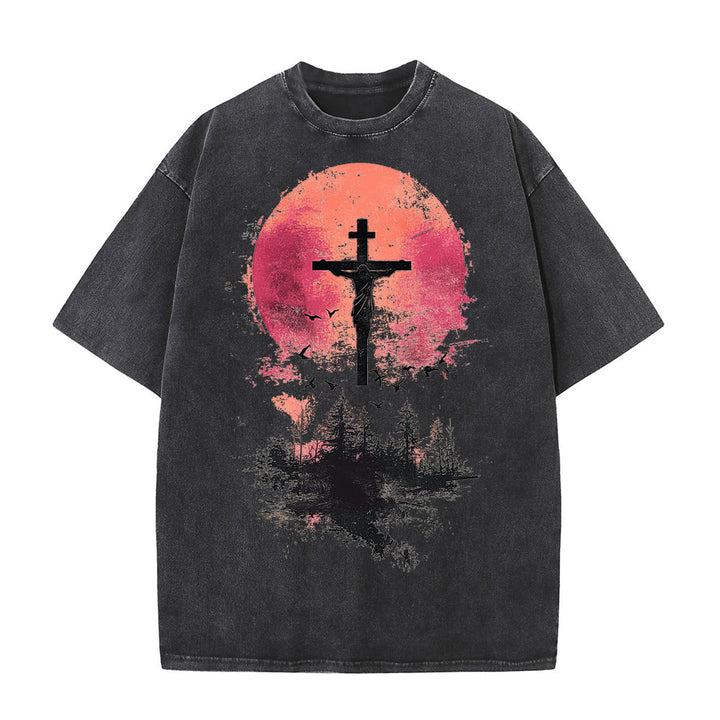 Christianartworkshop Göttliches Kreuz über Naturlandschaft Unisex-T-Shirt (vorgewaschen) - Schwarz - 5XL - image 2