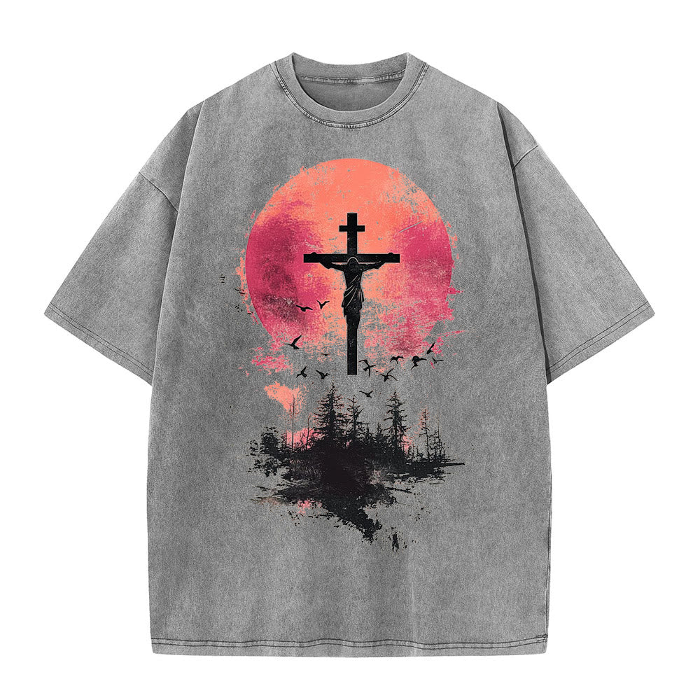 Christianartworkshop Göttliches Kreuz über Naturlandschaft Unisex-T-Shirt (vorgewaschen) - Grau - 5XL - image 4