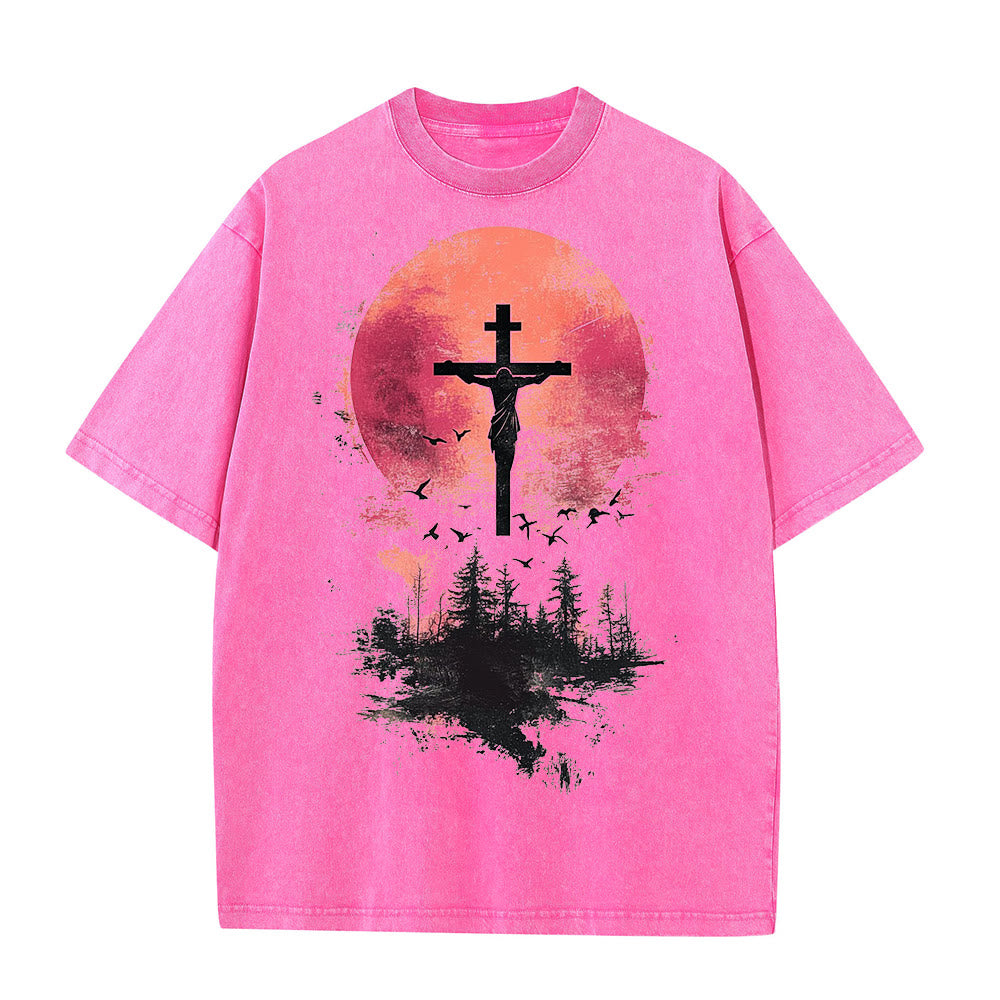 Christianartworkshop Göttliches Kreuz über Naturlandschaft Unisex-T-Shirt (vorgewaschen) - Rosa - 5XL - image 6
