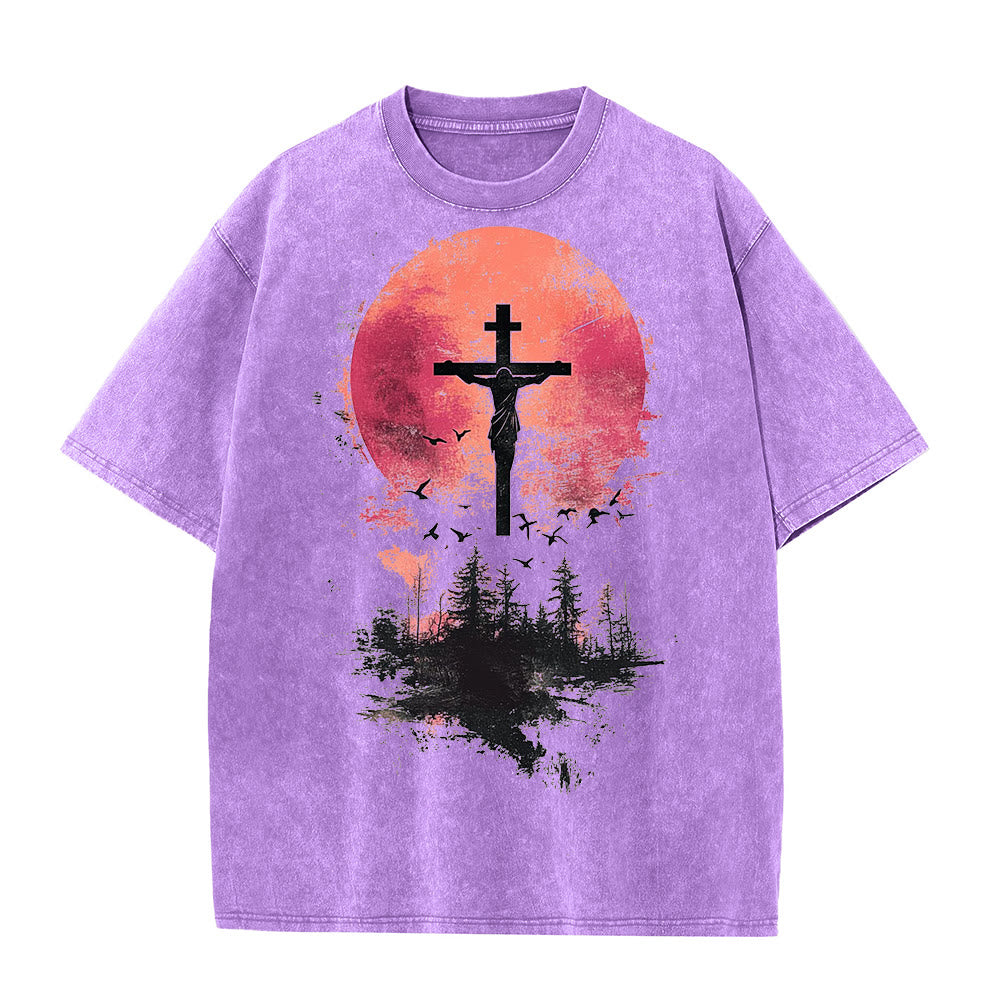 Christianartworkshop Göttliches Kreuz über Naturlandschaft Unisex-T-Shirt (vorgewaschen) - Lila - 5XL - image 0