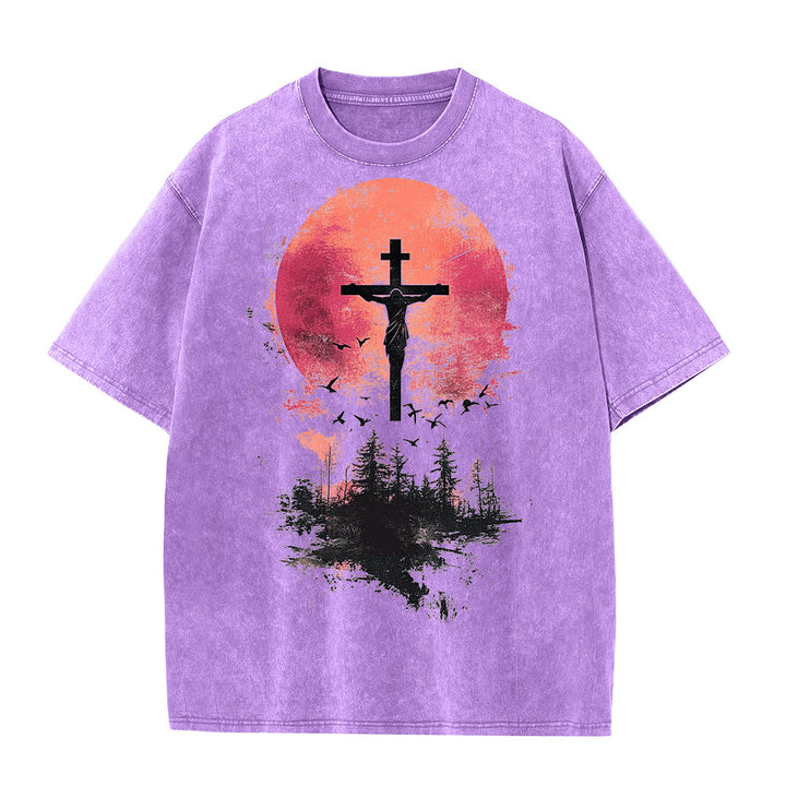 Christianartworkshop Göttliches Kreuz über Naturlandschaft Unisex-T-Shirt (vorgewaschen) - Lila - 5XL - image 0