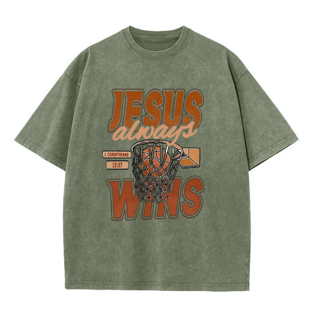Christianartworkshop Jesus Always Wins Basketball Grafik Unisex gewaschenes T-Shirt - Armeegrün - 5XL - image 6