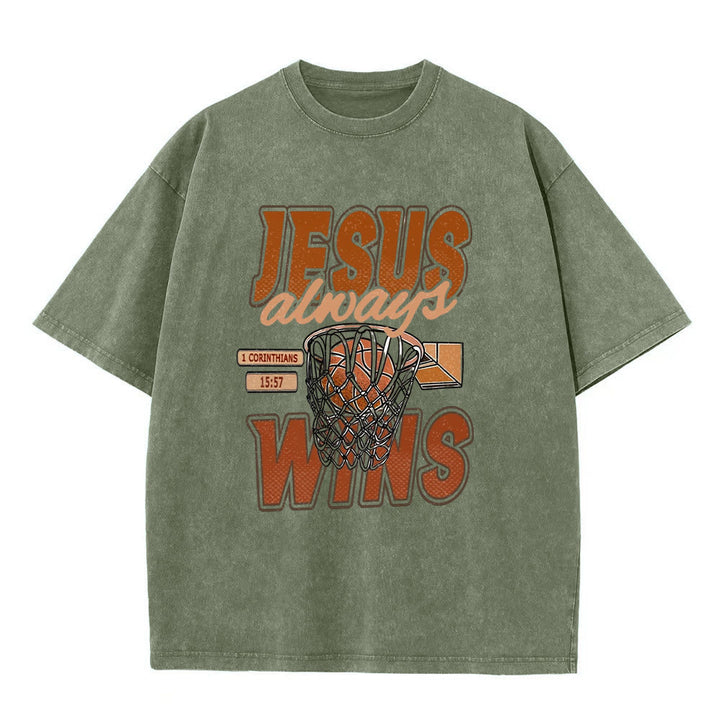 Christianartworkshop Jesus Always Wins Basketball Grafik Unisex gewaschenes T-Shirt - Armeegrün - 5XL - image 6