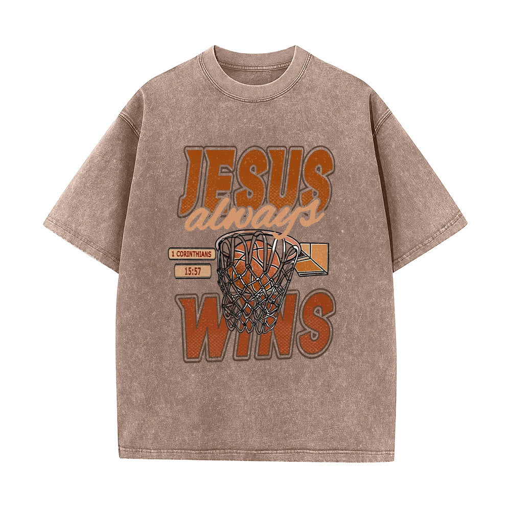 Christianartworkshop Jesus Always Wins Basketball Grafik Unisex gewaschenes T-Shirt - Kaffee - 5XL - image 1