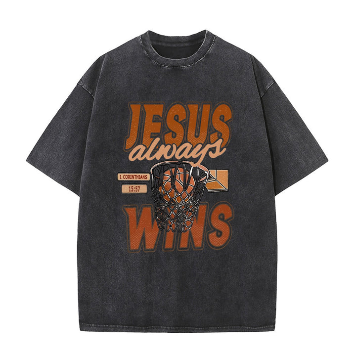 Christianartworkshop Jesus Always Wins Basketball Grafik Unisex gewaschenes T-Shirt - Schwarz - 5XL - image 7