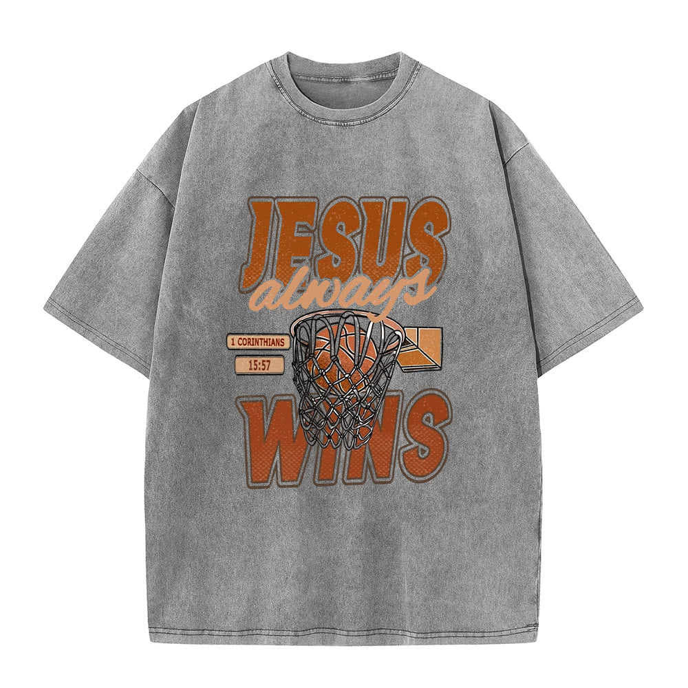 Christianartworkshop Jesus Always Wins Basketball Grafik Unisex gewaschenes T-Shirt - Grau - 5XL - image 5