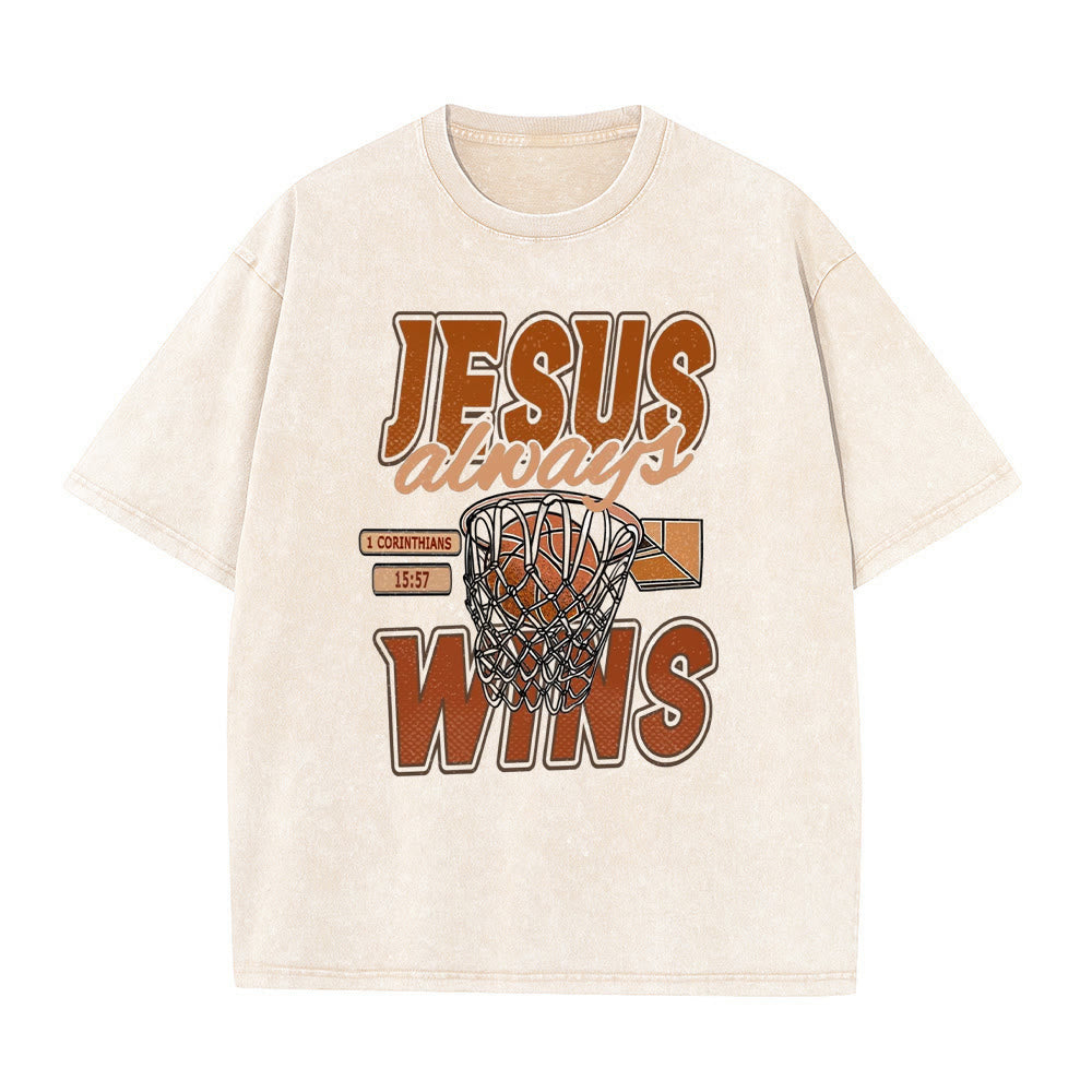 Christianartworkshop Jesus Always Wins Basketball Grafik Unisex gewaschenes T-Shirt - Aprikose - 5XL - image 0