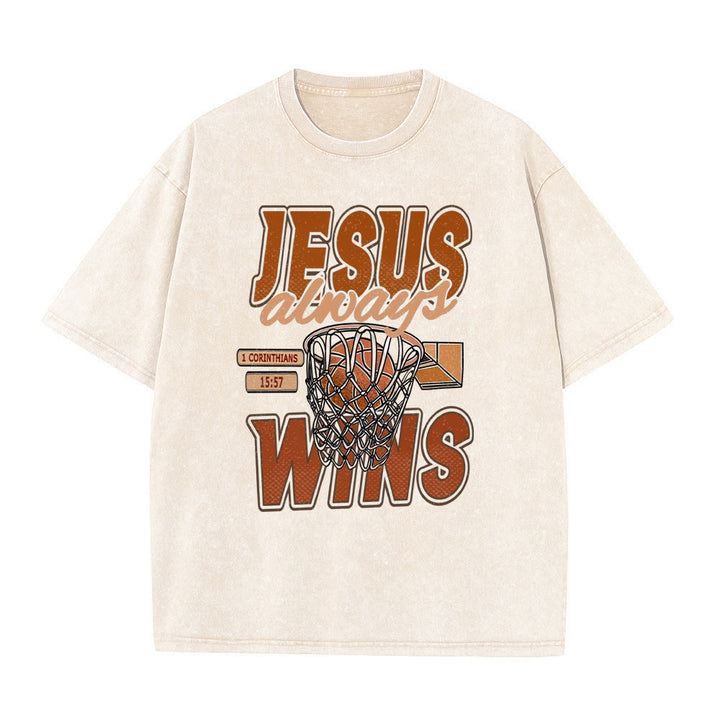 Christianartworkshop Jesus Always Wins Basketball Grafik Unisex gewaschenes T-Shirt - Aprikose - 5XL - image 0