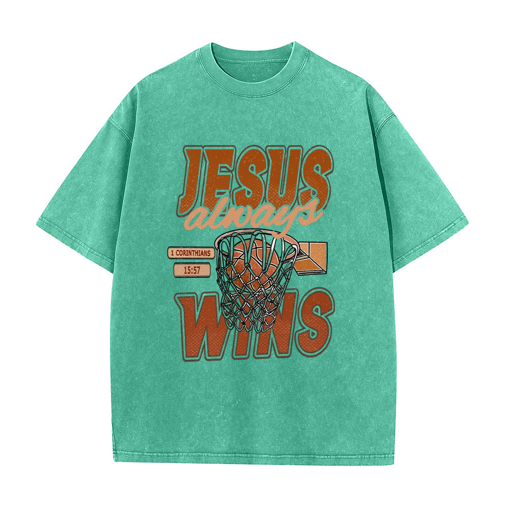 Christianartworkshop Jesus Always Wins Basketball Grafik Unisex gewaschenes T-Shirt - Grün - 5XL - image 4