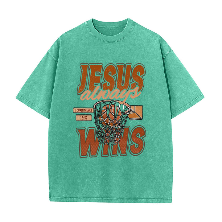 Christianartworkshop Jesus Always Wins Basketball Grafik Unisex gewaschenes T-Shirt - Grün - 5XL - image 4