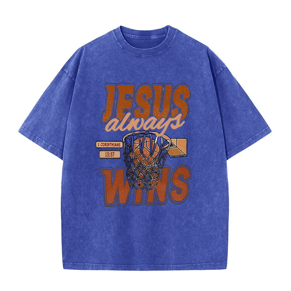 Christianartworkshop Jesus Always Wins Basketball Grafik Unisex gewaschenes T-Shirt - Blau - 5XL - image 8