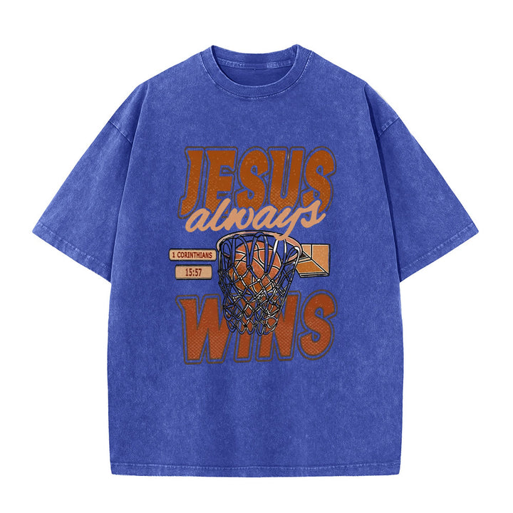 Christianartworkshop Jesus Always Wins Basketball Grafik Unisex gewaschenes T-Shirt - Blau - 5XL - image 8