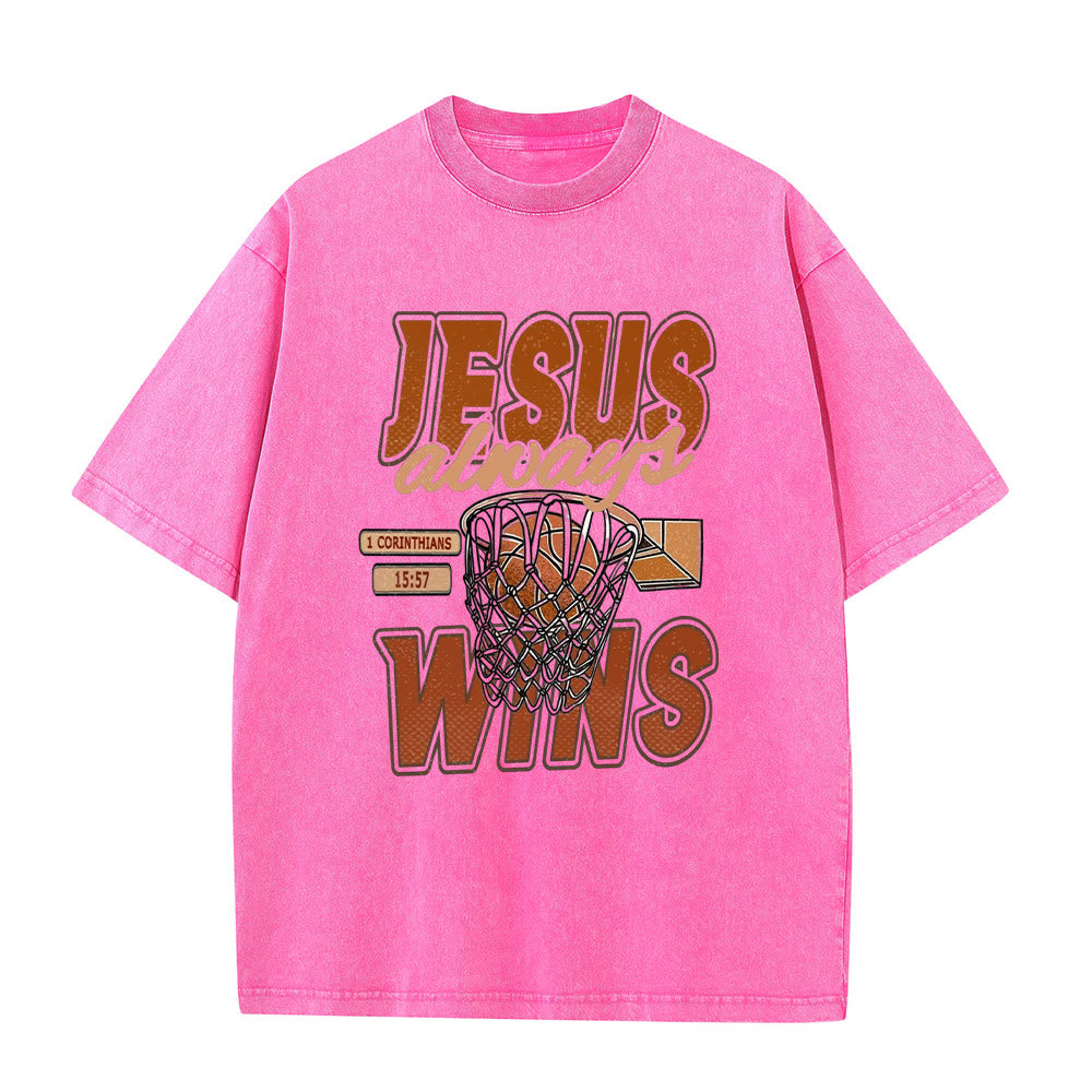 Christianartworkshop Jesus Always Wins Basketball Grafik Unisex gewaschenes T-Shirt - Rosa - 5XL - image 3
