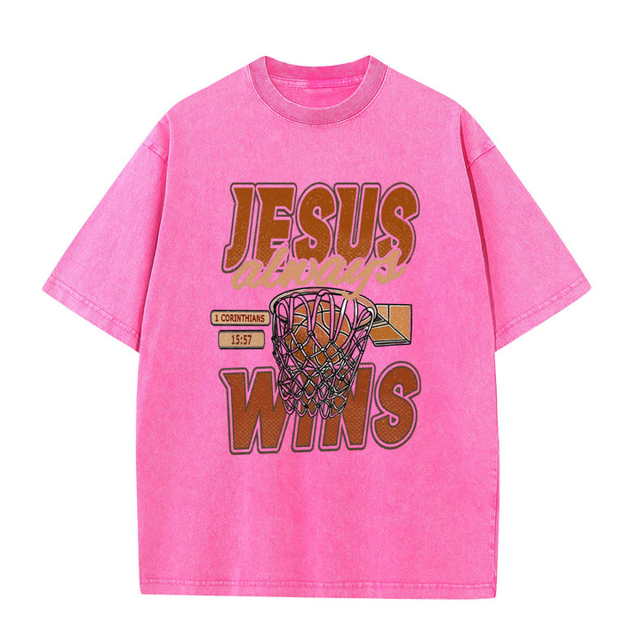 Christianartworkshop Jesus Always Wins Basketball Grafik Unisex gewaschenes T-Shirt - Rosa - 5XL - image 3