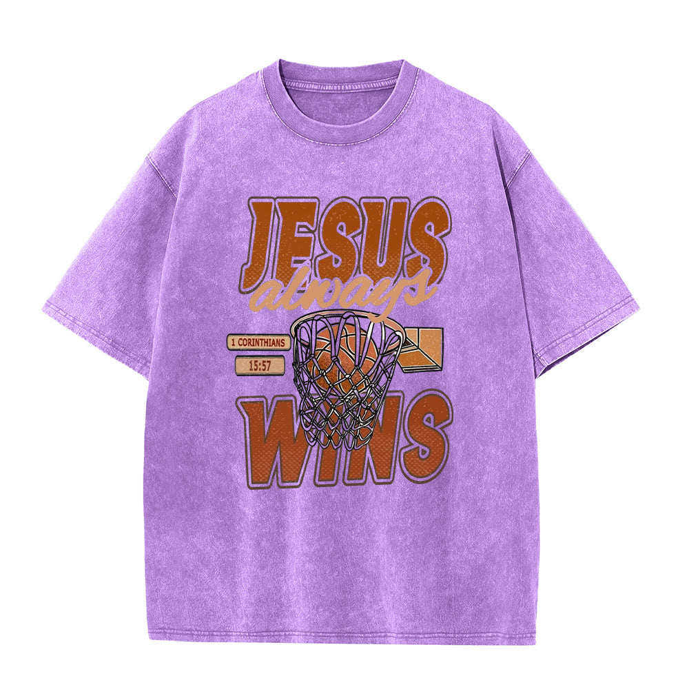 Christianartworkshop Jesus Always Wins Basketball Grafik Unisex gewaschenes T-Shirt - Lila - 5XL - image 2