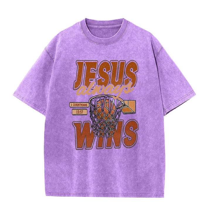 Christianartworkshop Jesus Always Wins Basketball Grafik Unisex gewaschenes T-Shirt - Lila - 5XL - image 2