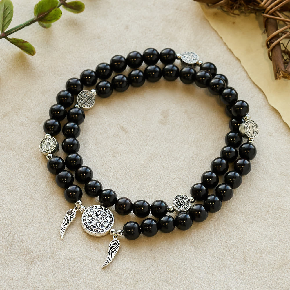 Christianartworkshop Armband aus Holzperlen mit St.-Benedikt- und Wundermedaille sowie doppeltem Schutz - Ebenholz - image 0