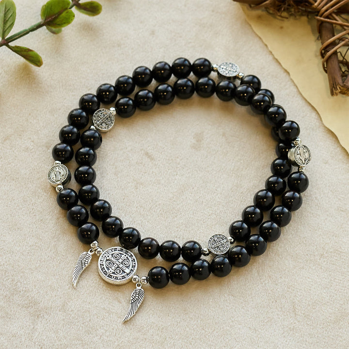 Christianartworkshop Armband aus Holzperlen mit St.-Benedikt- und Wundermedaille sowie doppeltem Schutz - Ebenholz - image 0