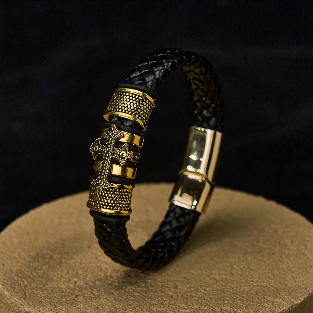Christianartworkshop Klassisches zweifarbiges Lederarmband mit Heiligem Kreuz und geflochtenem Design - Golden - image 3