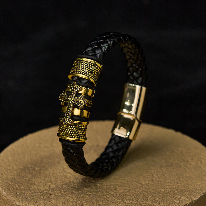 Christianartworkshop Klassisches zweifarbiges Lederarmband mit Heiligem Kreuz und geflochtenem Design - Golden - image 3
