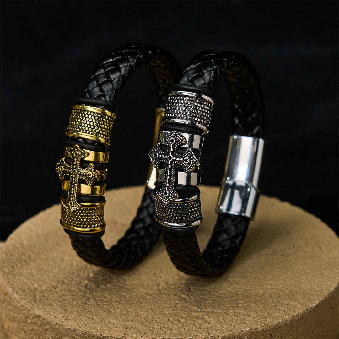 Christianartworkshop Klassisches zweifarbiges Lederarmband mit Heiligem Kreuz und geflochtenem Design - image 2