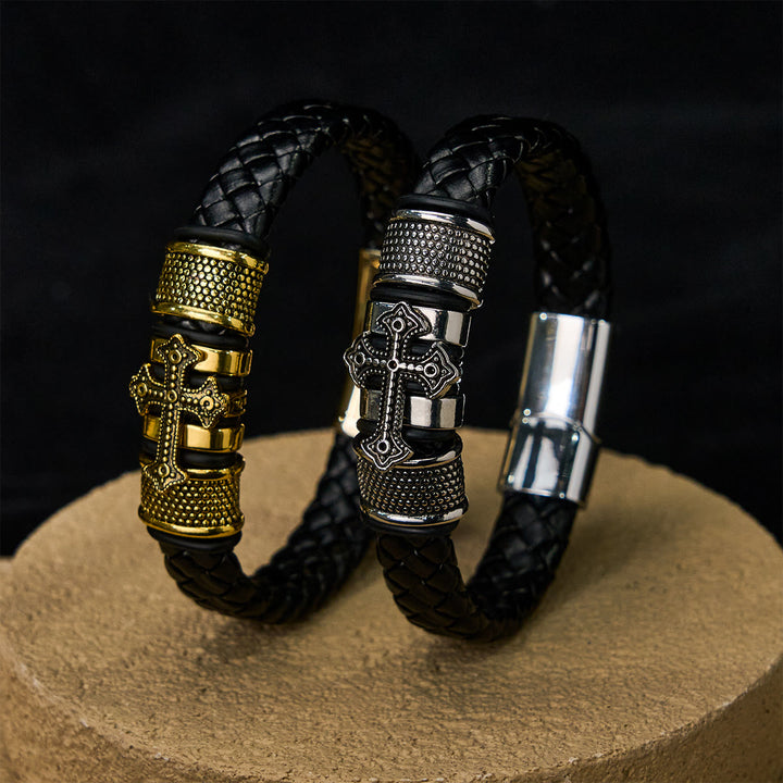 Christianartworkshop Klassisches zweifarbiges Lederarmband mit Heiligem Kreuz und geflochtenem Design - image 2
