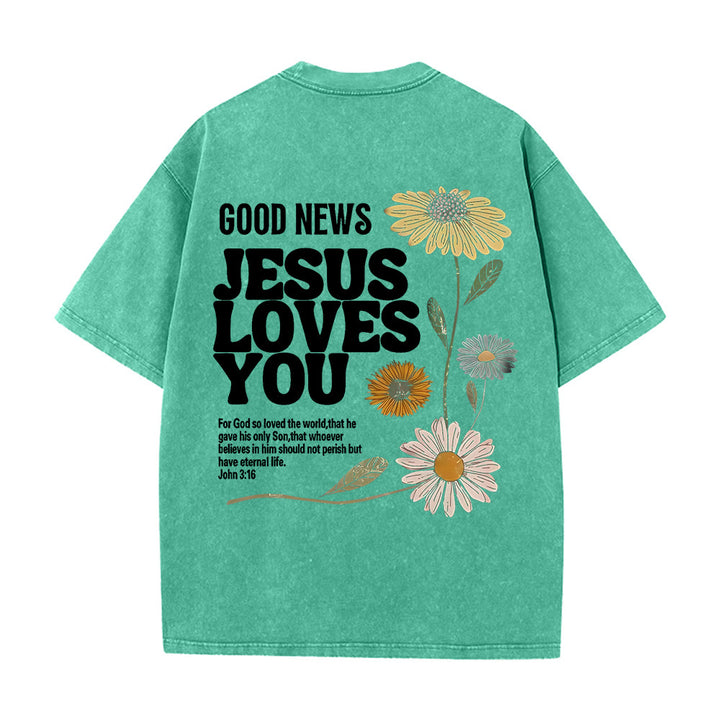 Christianartworkshop „Gute Nachricht: Jesus liebt dich“ Unisex-T-Shirt (vorgewaschen) - Grün - 5XL - image 8