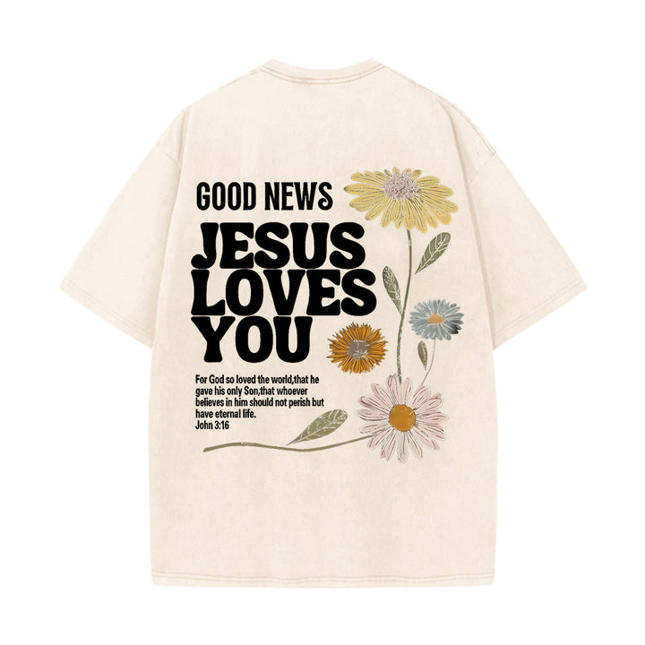 Christianartworkshop „Gute Nachricht: Jesus liebt dich“ Unisex-T-Shirt (vorgewaschen) - Aprikose - 5XL - image 14