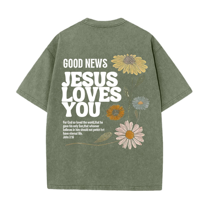 Christianartworkshop „Gute Nachricht: Jesus liebt dich“ Unisex-T-Shirt (vorgewaschen) - Armeegrün - 5XL - image 10