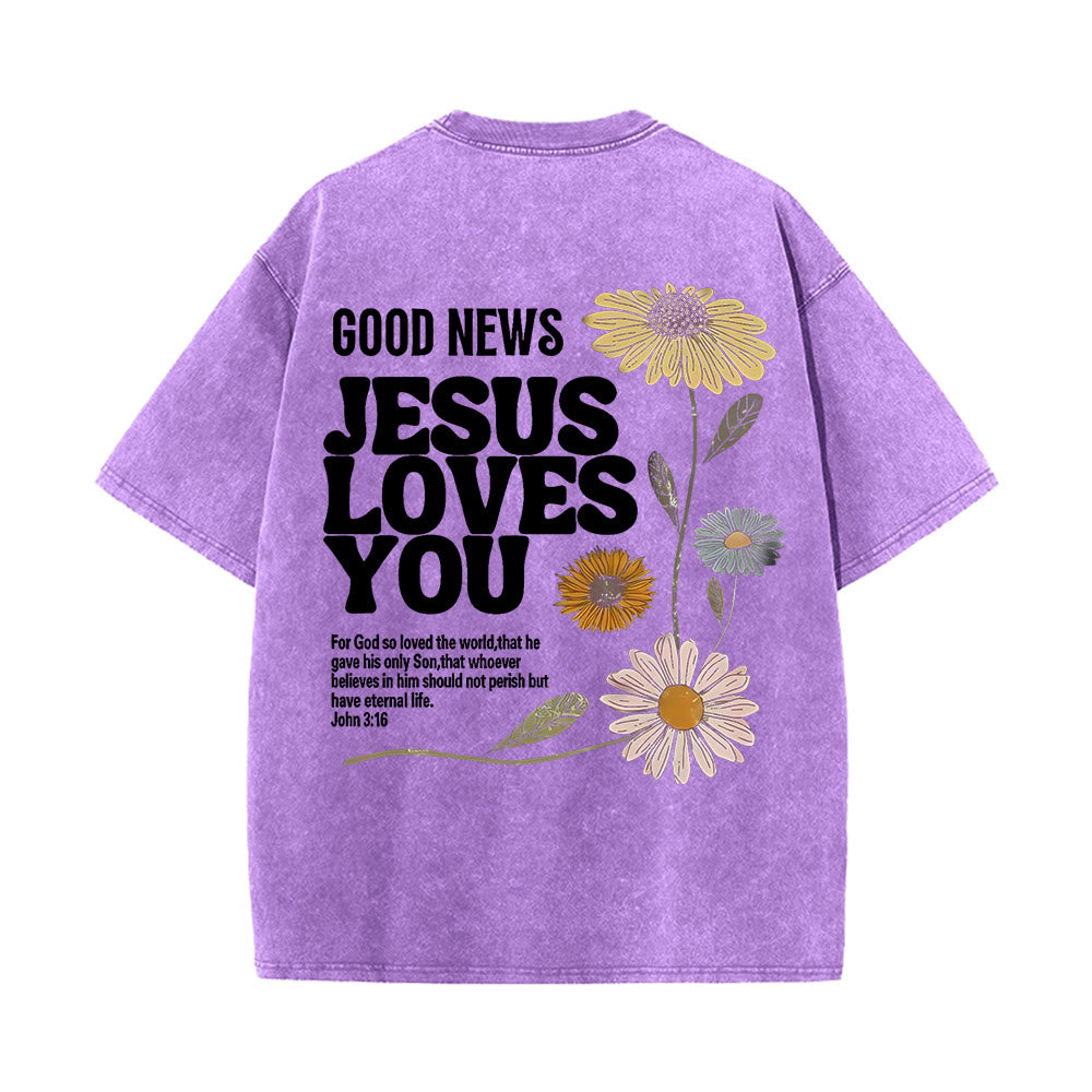 Christianartworkshop „Gute Nachricht: Jesus liebt dich“ Unisex-T-Shirt (vorgewaschen) - Lila - 5XL - image 0