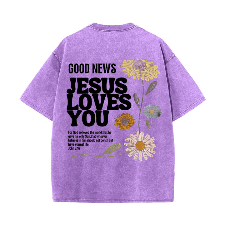 Christianartworkshop „Gute Nachricht: Jesus liebt dich“ Unisex-T-Shirt (vorgewaschen) - Lila - 5XL - image 0