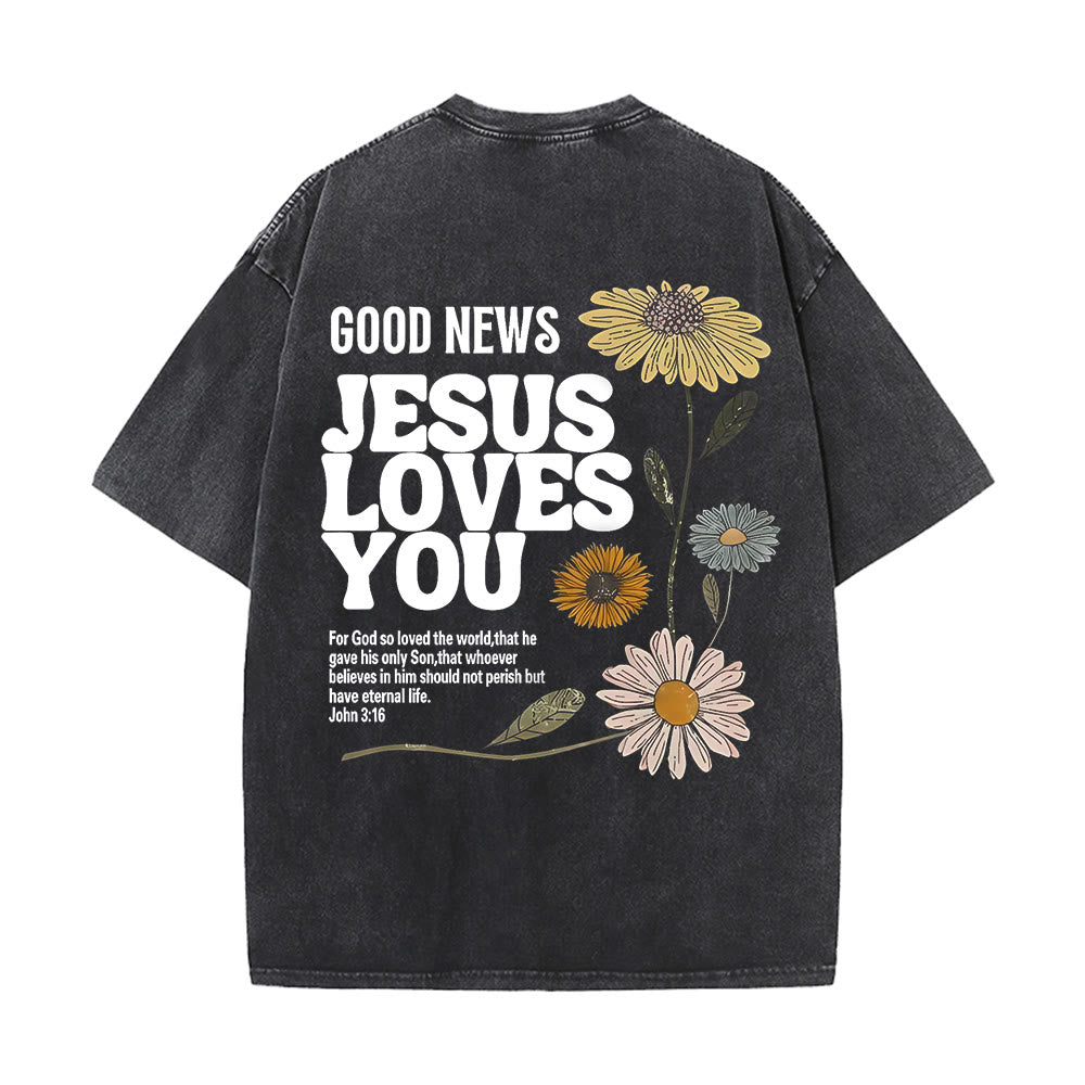 Christianartworkshop „Gute Nachricht: Jesus liebt dich“ Unisex-T-Shirt (vorgewaschen) - Schwarz - 5XL - image 2