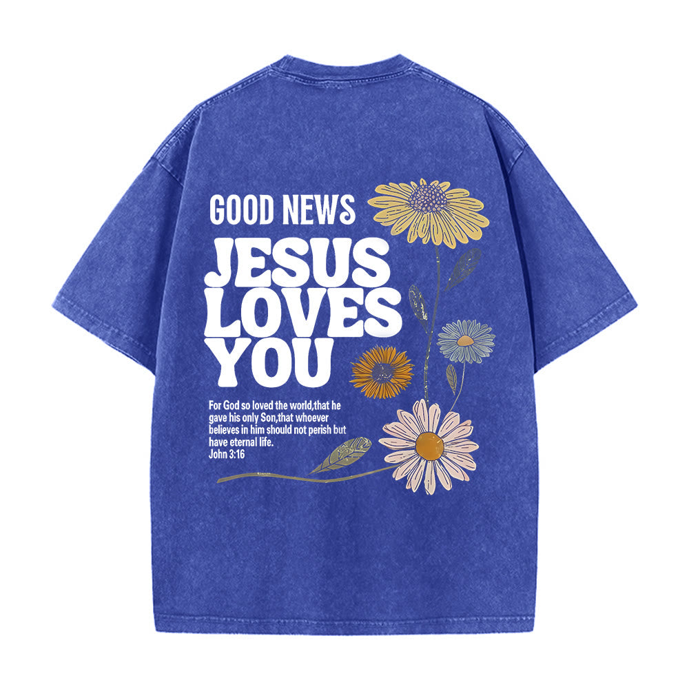 Christianartworkshop „Gute Nachricht: Jesus liebt dich“ Unisex-T-Shirt (vorgewaschen) - Blau - 5XL - image 4