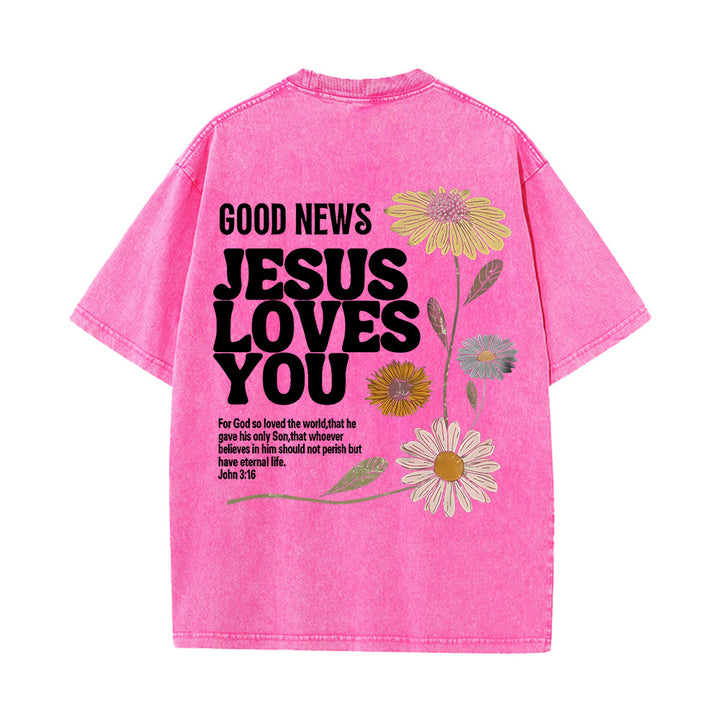 Christianartworkshop „Gute Nachricht: Jesus liebt dich“ Unisex-T-Shirt (vorgewaschen) - Rosa - 5XL - image 6