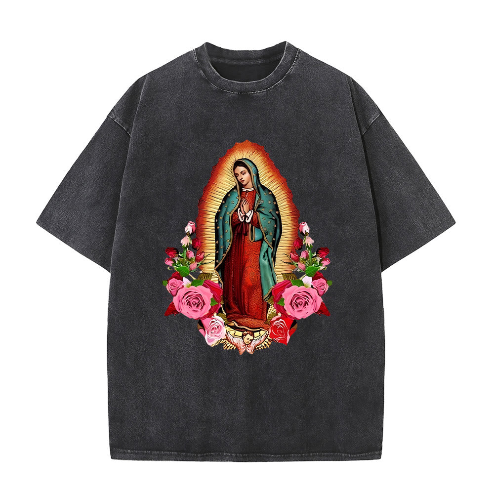 Christianartworkshop Vintage Our Lady of Guadalupe Floral Faith Unisex Washed T-Shirt - Schwarz - 5XL - image 0