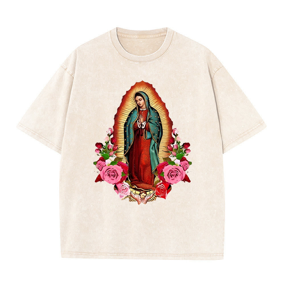Christianartworkshop Vintage Our Lady of Guadalupe Floral Faith Unisex Washed T-Shirt - Aprikose - 5XL - image 1