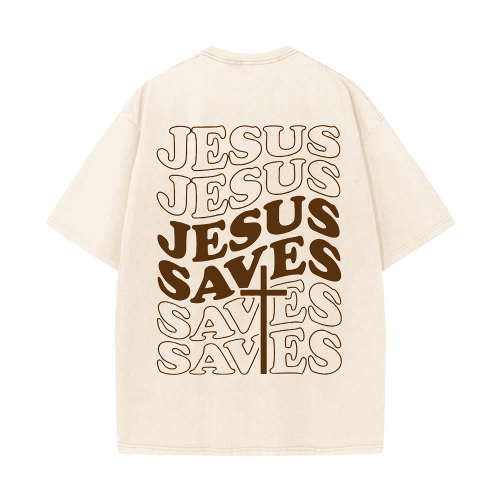 Christianartworkshop Jesus Saves Cross Grafik Unisex Washed T - Shirt - Aprikose - 5XL - image 16