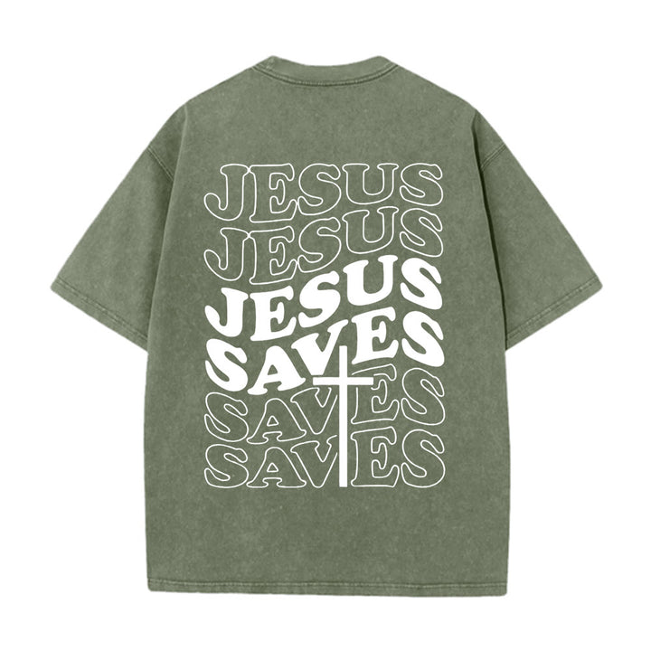 Christianartworkshop Jesus Saves Cross Grafik Unisex Washed T - Shirt - Armeegrün - 5XL - image 2