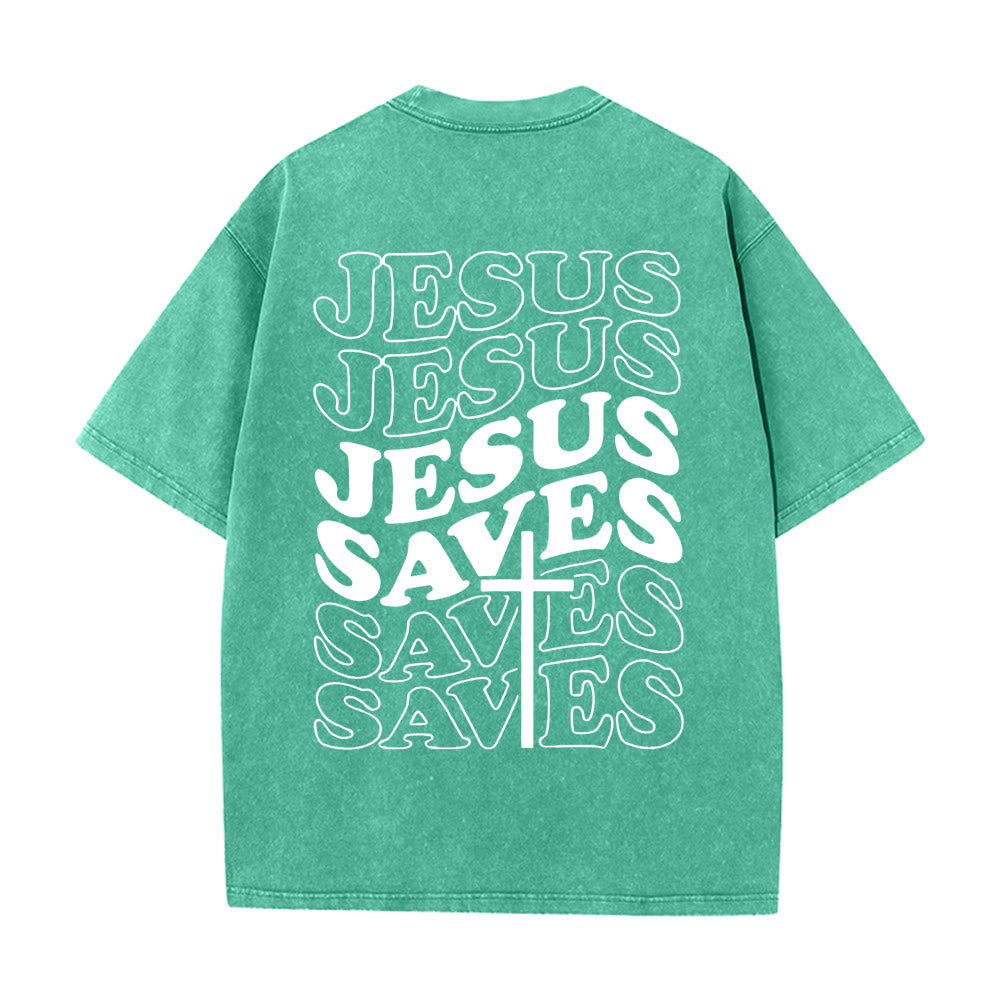Christianartworkshop Jesus Saves Cross Grafik Unisex Washed T - Shirt - Grün - 5XL - image 12