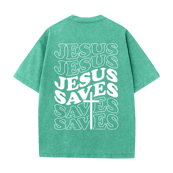 Christianartworkshop Jesus Saves Cross Grafik Unisex Washed T - Shirt - Grün - 5XL - image 12