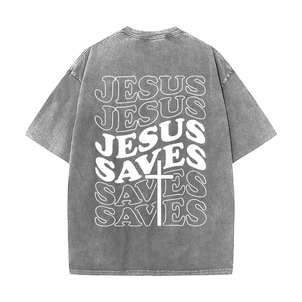 Christianartworkshop Jesus Saves Cross Grafik Unisex Washed T - Shirt - Grau - 5XL - image 0