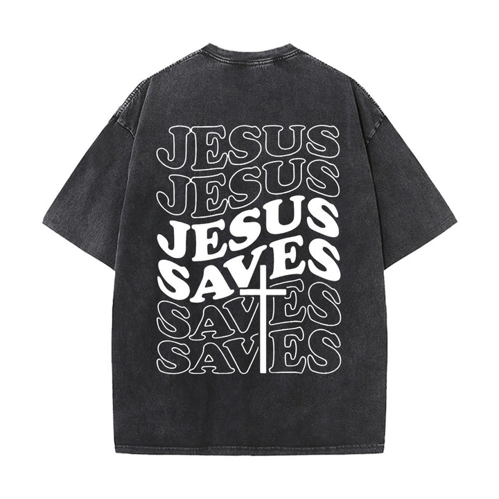 Christianartworkshop Jesus Saves Cross Grafik Unisex Washed T - Shirt - Schwarz - 5XL - image 4