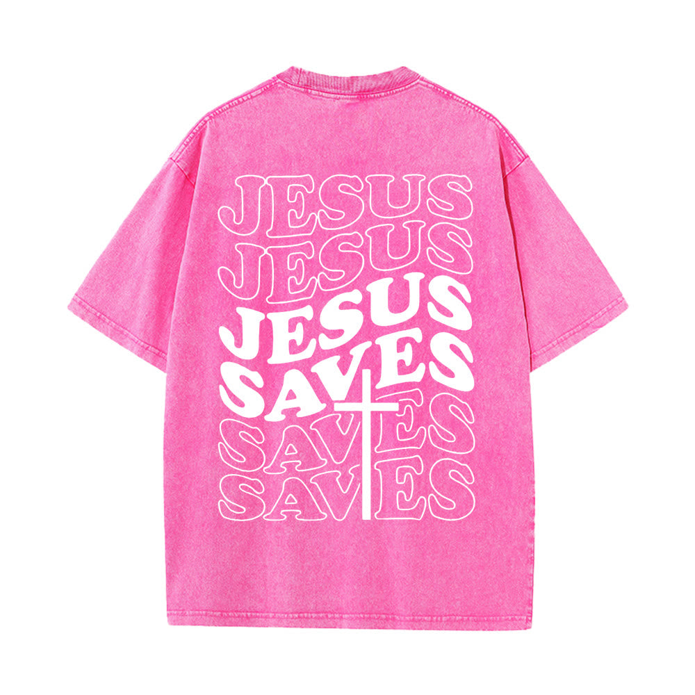 Christianartworkshop Jesus Saves Cross Grafik Unisex Washed T - Shirt - Rosa - 5XL - image 10