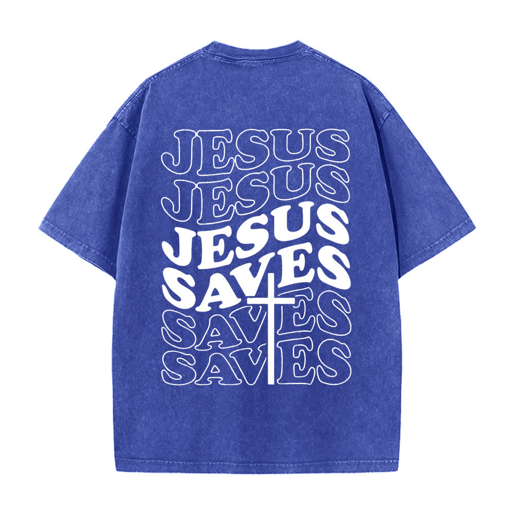 Christianartworkshop Jesus Saves Cross Grafik Unisex Washed T - Shirt - Blau - 5XL - image 8