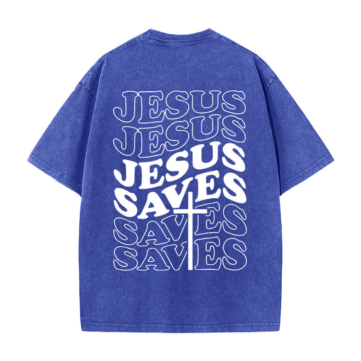 Christianartworkshop Jesus Saves Cross Grafik Unisex Washed T - Shirt - Blau - 5XL - image 8